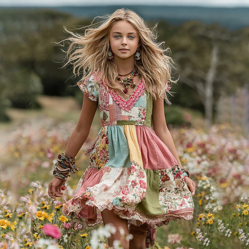 Young Girl's Floral Patch Print Linen Short Sleeve Dress elevenforest
