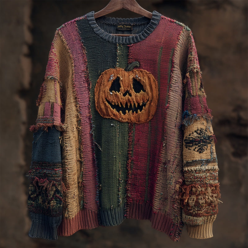 Halloween Spooky Pumpkin Face Embroidered Patchwork Knitted Sweater artswardrobe