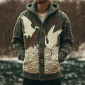 Men's Japanese Cranes Inspired Cozy Knit Hooded Cardigan elevenforest