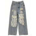 Comstylish Vintage Bohemian Lace-paneled Distressed Washed Denim Jeans