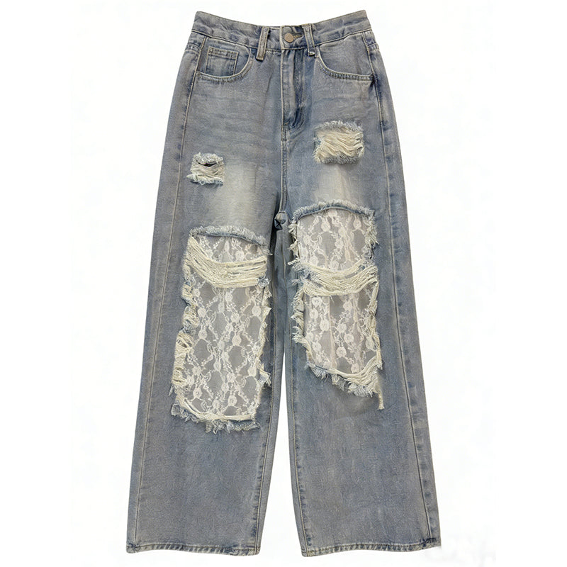 Vintage Bohemian Lace-paneled Distressed Washed Denim Jeans elevenforest