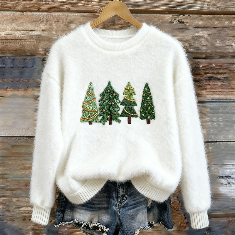 Comstylish Women's Christmas Tree Embroidery Cozy Plush Sweater