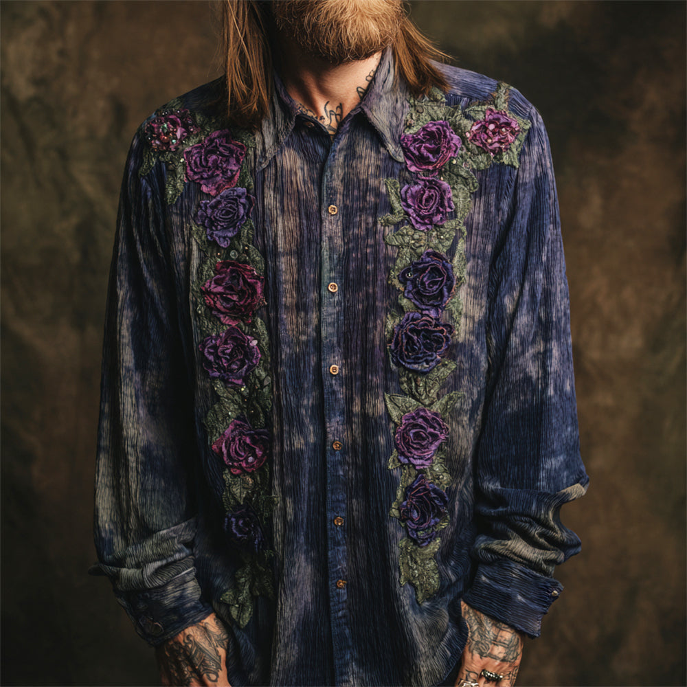 Vintage Tie-dye Boho Floral Embroidery Men's Linen Long Sleeve Shirt elevenforest