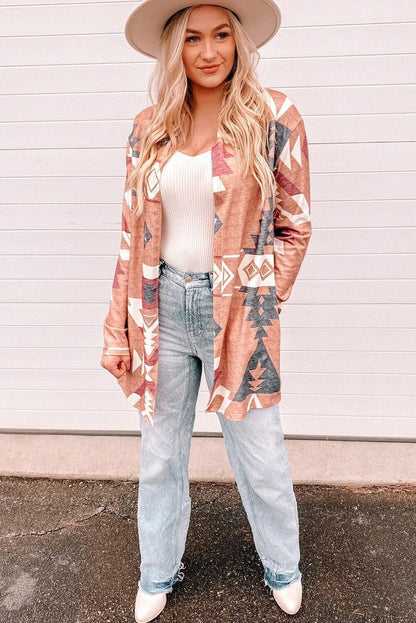 Cardigan Coat Autumn Winter Rhombus Prints Striped Mid Length Contrast Color Knitted Coat