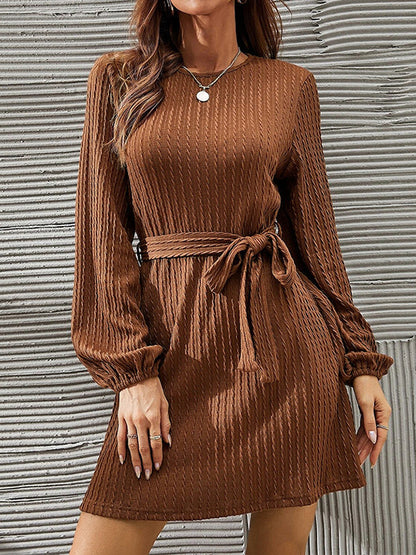 Long Sleeves Loose Hollow Color Tied Waist Round-neck Mini Dresses