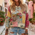Women's Vintage Rose Floral Patchwork Crew Neck Casual Sweatshirt elevenforest