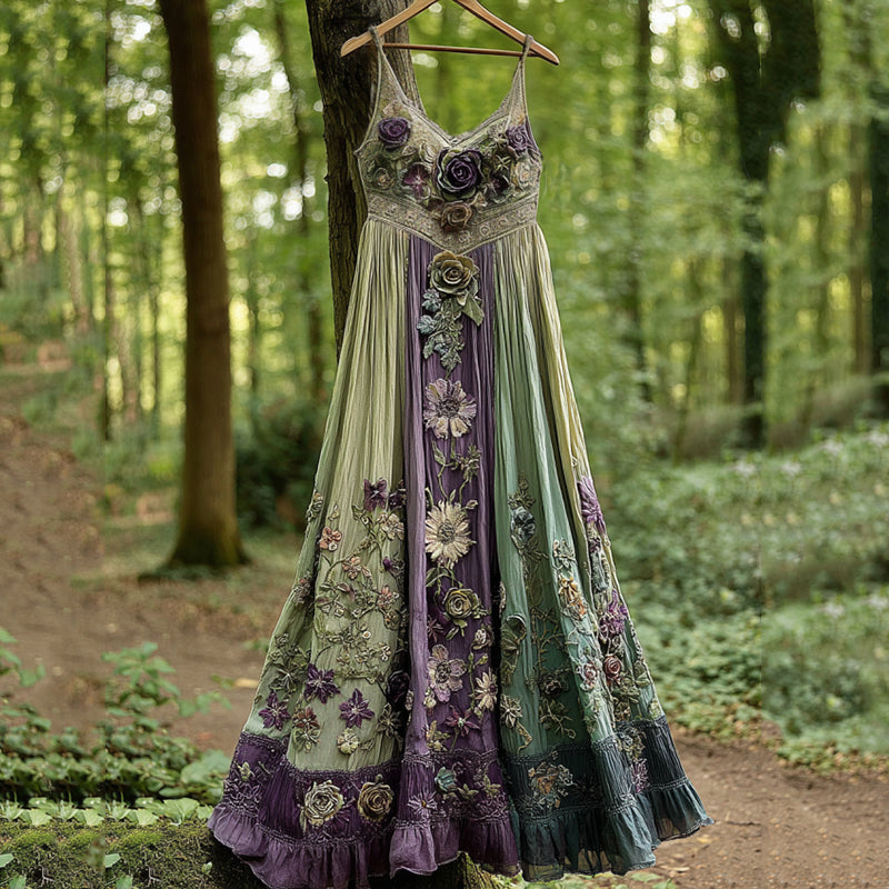 Classy Gradient Purple Lavender And Floral Embroidered Linen Suspender Long Dress elevenforest