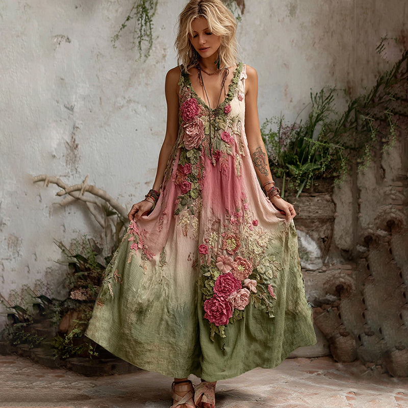 Women Vintage Floral Art V Neck Linen Maxi Dress elevenforest