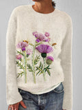 Scottish Thistle Flower & Bee Embroidery Women's Cozy Sweater artswardrobe