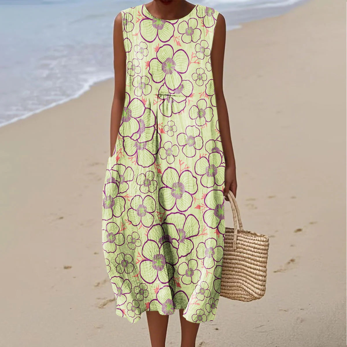 Women's Vintage Floral Art Print Sleeveless Casual Dress elevenforest