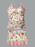 V-Neck Vintage Pink Cute Flower Art Print Suspender Skirt Tankini Pantskirt Set Swimsuit