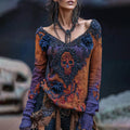 Rose Skull Rhinestone Contrast V Neck T-shirt elevenforest
