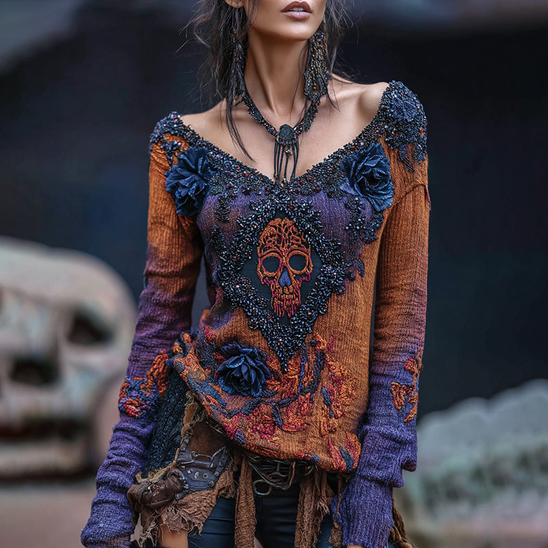 Rose Skull Rhinestone Contrast V Neck T-shirt elevenforest
