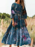 Women's Vintage Floral Art Print Flowy Cotton Crew Neck Dress