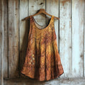 Women's Vintage Rust Dyed Embroidered Art Linen Blend Tank Top elevenforest