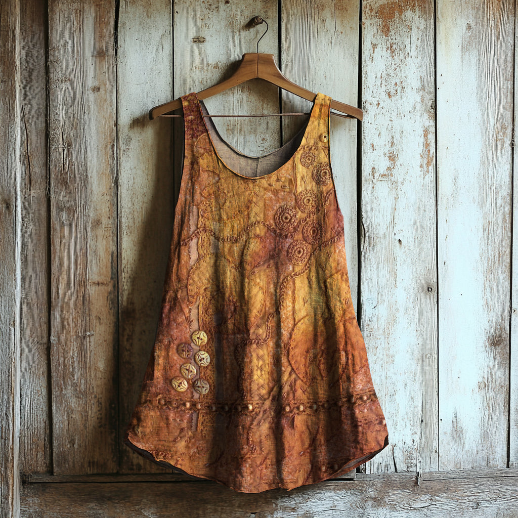 Women's Vintage Rust Dyed Embroidered Art Linen Blend Tank Top elevenforest