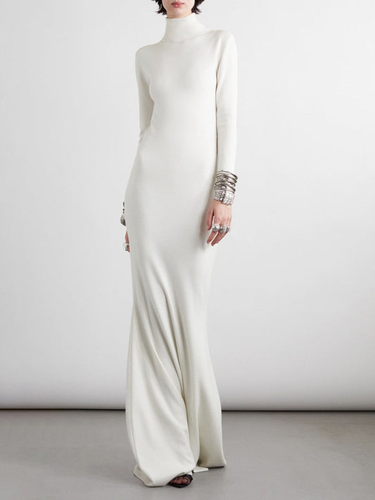 Long Sleeves Skinny Color High Neck Maxi Dresses