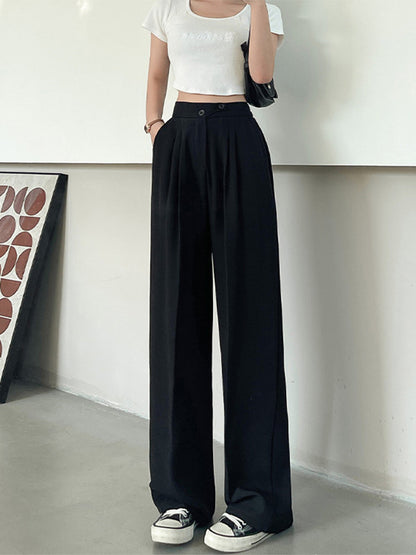 Wide Office Trousers for High Waist White Straight Stacked Pants With Pockets Double-button Classic ’s Trousers