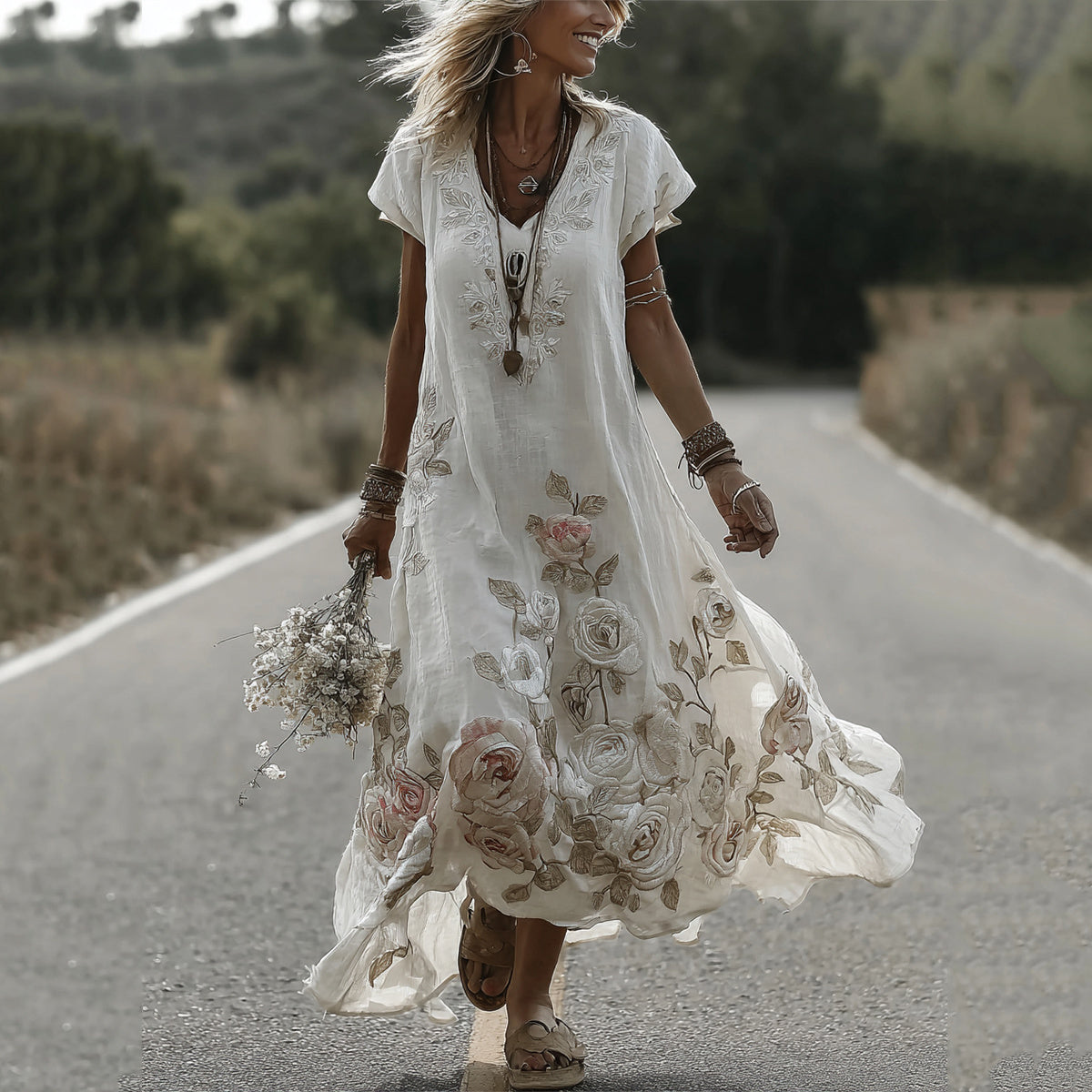 Women's Vintage Rose Embroidery Art Casual Maxi Dress elevenforest