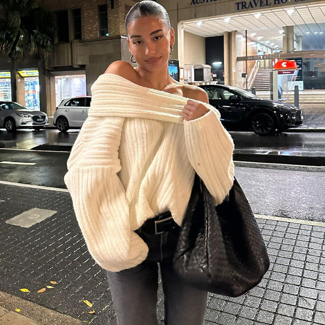 Taruxy Off Shoulders Knitted Sweater ’s Loose Long Sleeve Pullover High Street Knitwear Sweaters Femme Spring