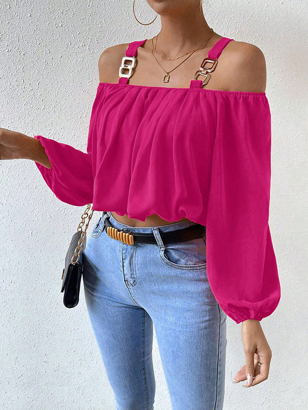 Long Sleeves Loose Elasticity Split-joint Cold Shoulder Blouses&shirts Tops