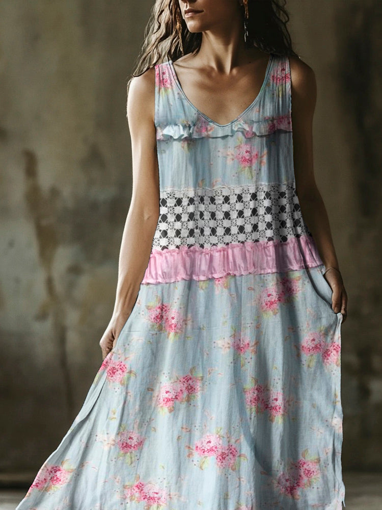 Boho Vintage Floral Women's Linen Vest Maxi Dress elevenforest
