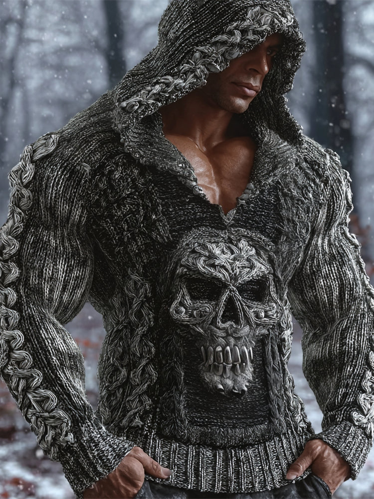 Viking Gothic Skull Art Men's Chunky Knit Hooded Sweater elevenforest