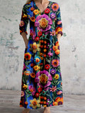 Comstylish Colorful Mexican Floral Embroidered Linen Blend Maxi Dress