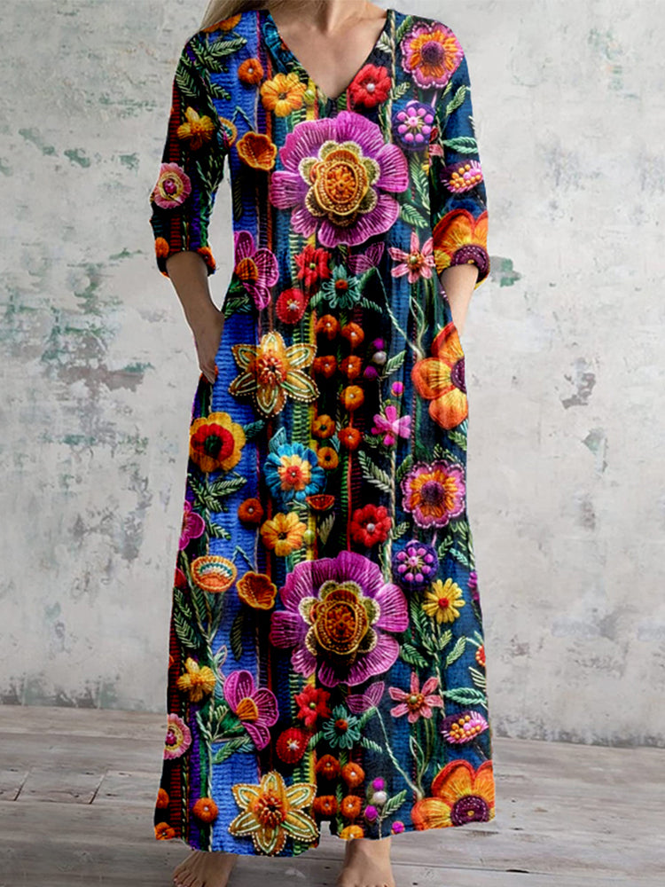 Comstylish Colorful Mexican Floral Embroidered Linen Blend Maxi Dress