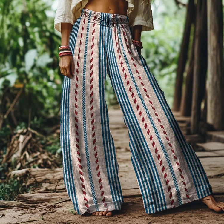 Vintage Bohemian Striped Art Women's Linen Blend Casual Pants elevenforest