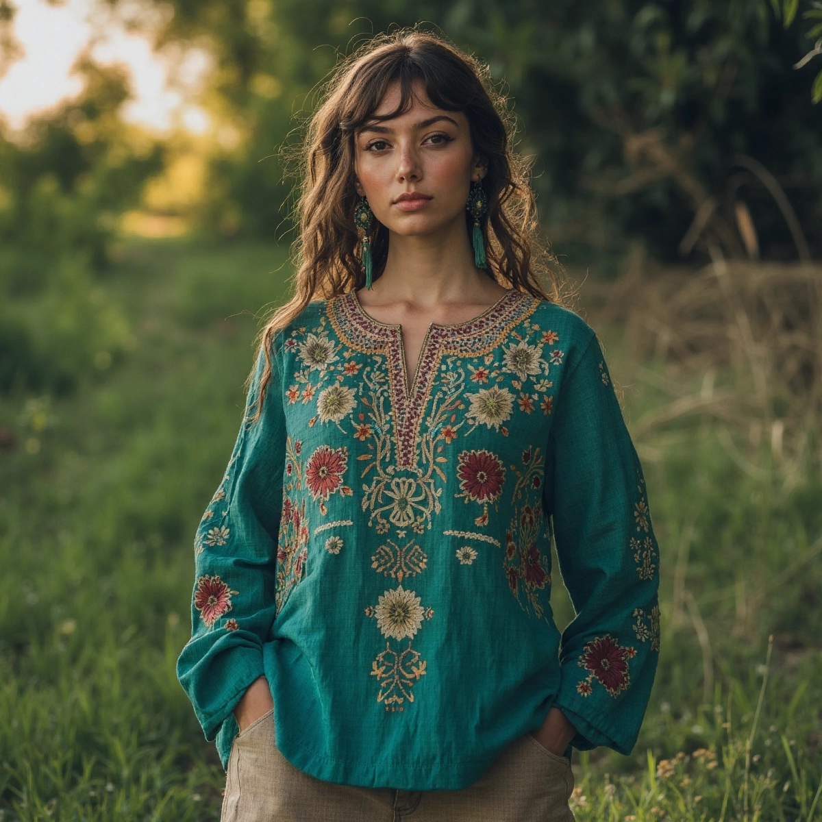 Retro Boho Floral Embroidery Linen Blend Loose Blouse elevenforest