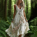Women's Vintage Rose Embroidery V-neck Suspender Midi Dress elevenforest