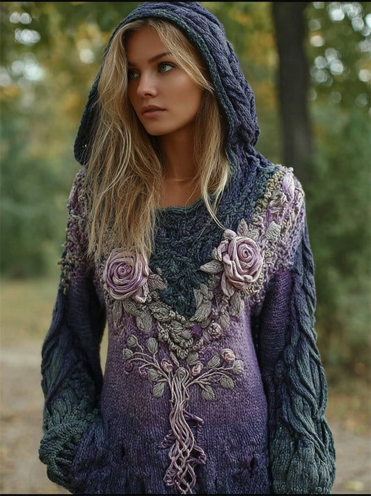 Comstylish Lavender Roses Viking Tree Of Life Gradient Cozy Hooded Sweater