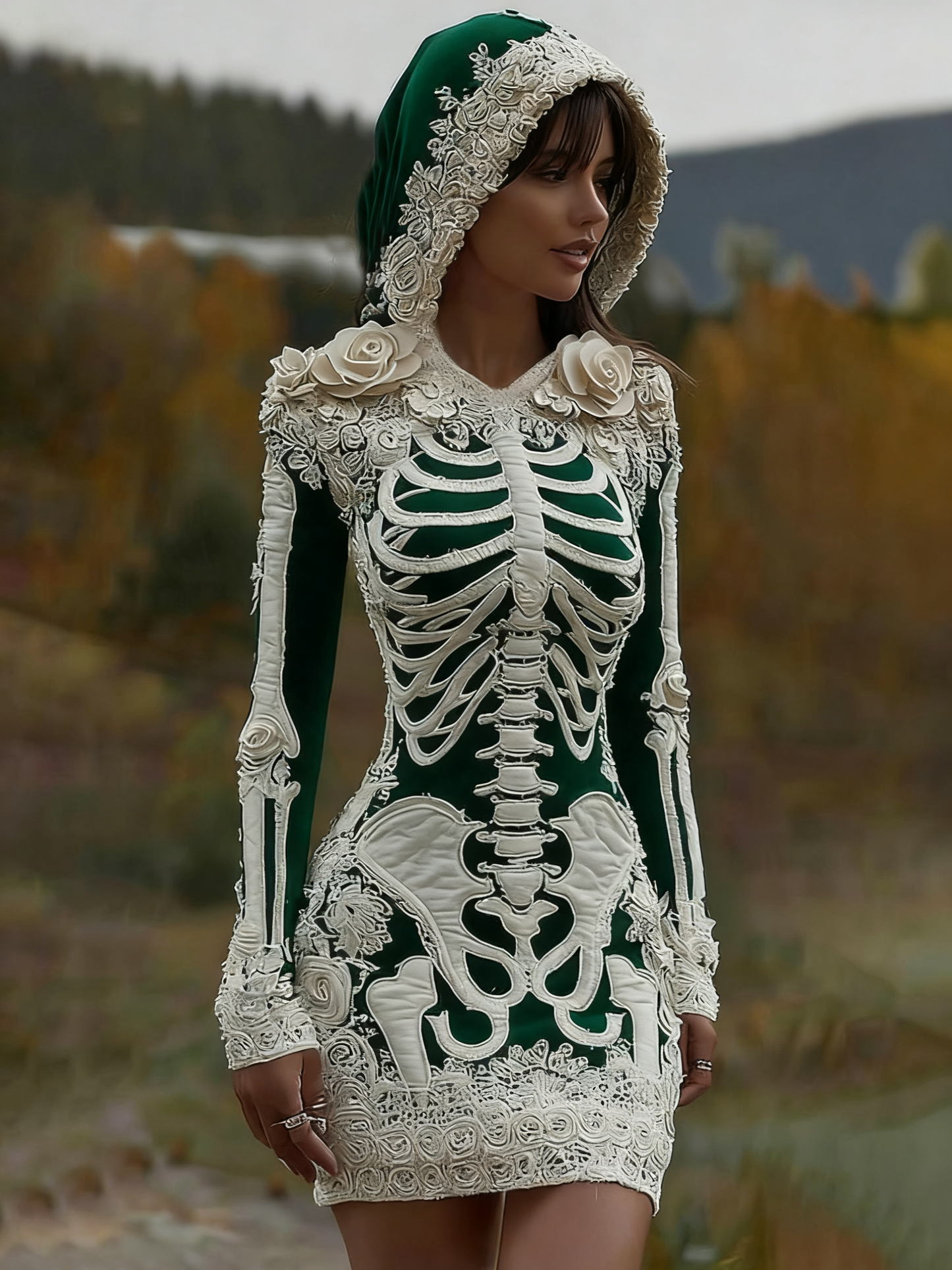 Women's Vintage Halloween Skeleton Bones With Rose Art Cozy Knit Hooded Sweater Dress artswardrobe