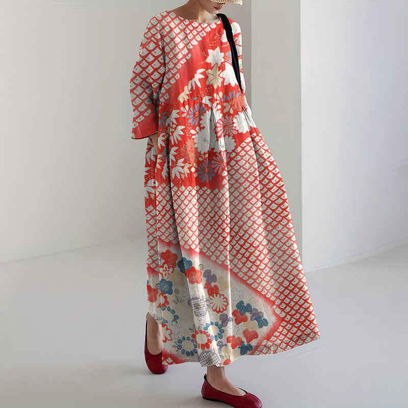 Japanese Art Flower Print Round Neck Loose Midi Dress elevenforest