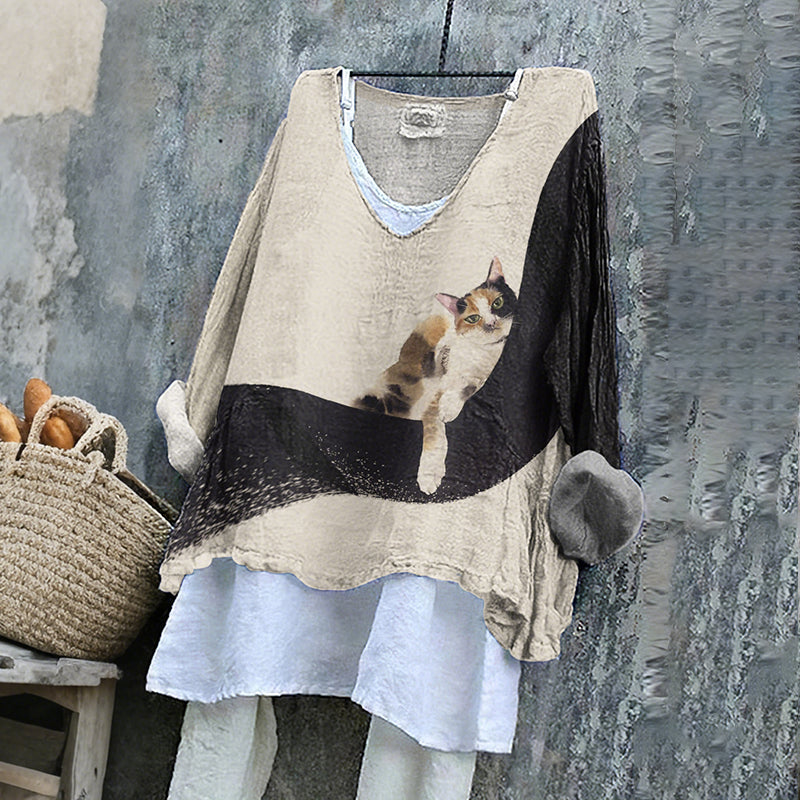 Comstylish Women's Cute Cat With Abstract Ink Lines Art V-neck Linen Blend T-shirt