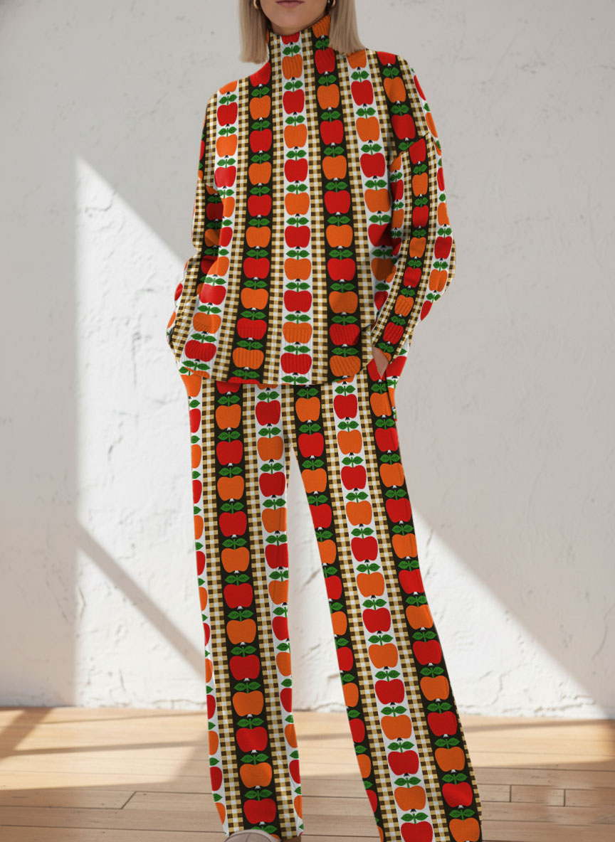 Vintage Winter Apple And Striped Decorative Patterns Casual Stand Collar Long Sleeve Top And Casual Long Pants