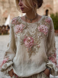 Women's Pink Flower Embroidery Long-sleeved Round-neck Top elevenforest