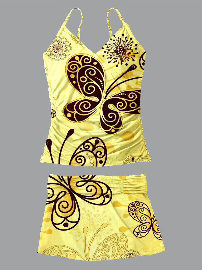 V-Neck Vintage Flowers Print Suspender Skirt Tankini Pantskirt Set Swimsuit
