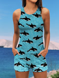 Killer Whale Print Halter Ruffle Ruched Jacquard Tankini Short Set