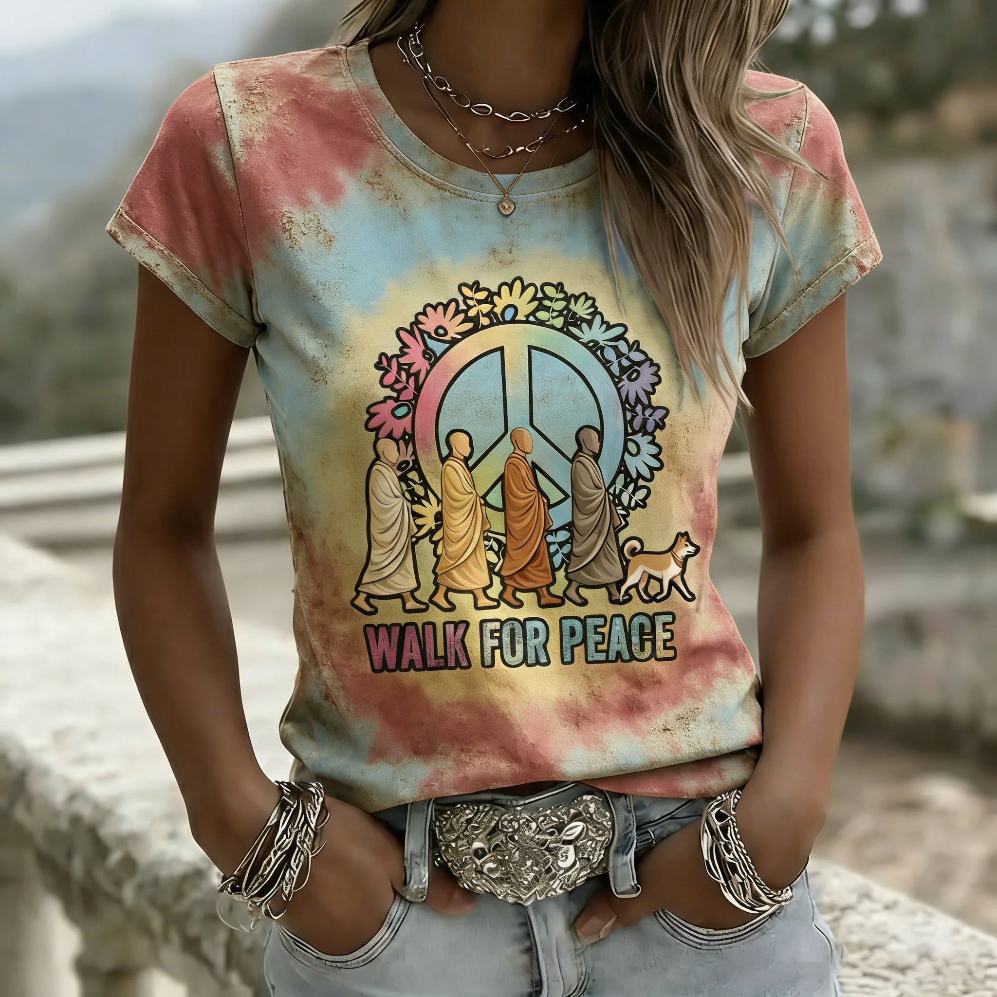 Comstylish Walk For Peace Aloka Dog In Hippie Tie Dye Art Print T-shirt