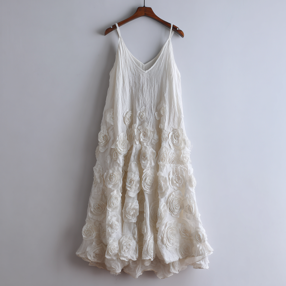 Bohemian Style Woman's V-neck White Rose Dress elevenforest
