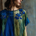 Oil Painting Irises Embroidered Contrast Flowy Linen Tunic elevenforest