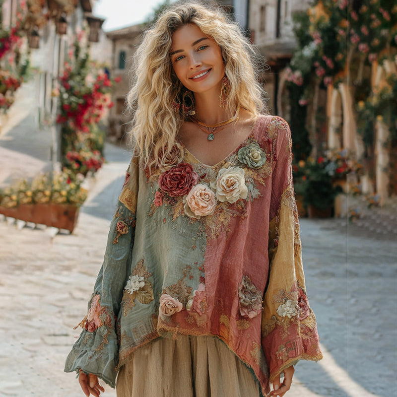 The Ice Cream Collection Women's Classic Bohemian Floral And Rose Gradient Linen Long Sleeve Shirt elevenforest