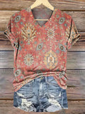 Women's Retro Ethnic Totem Pattern Print V-neck Casual T-Shirt