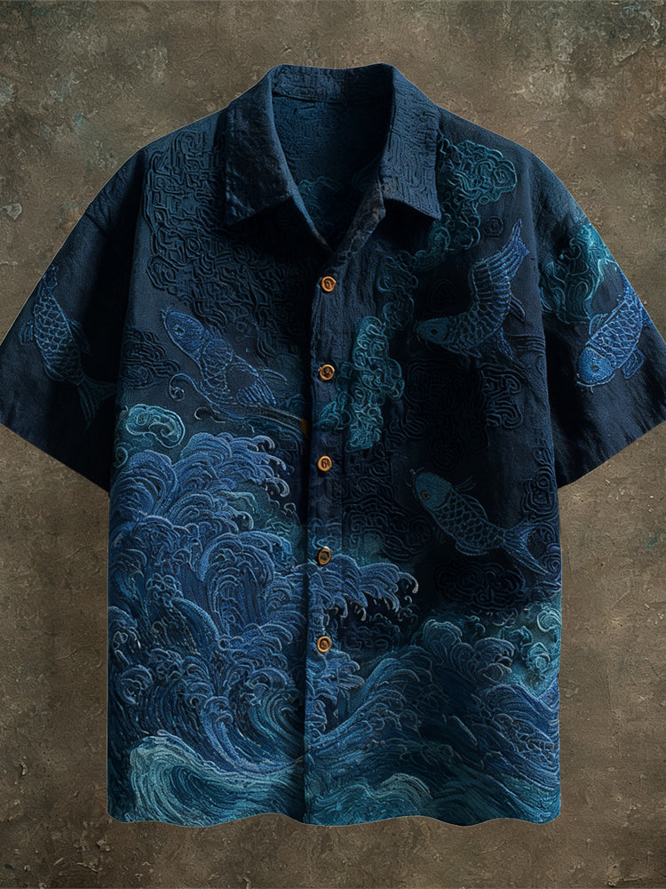 Japanese Sea Animal Pattern Linen Short Sleeve Shirt elevenforest