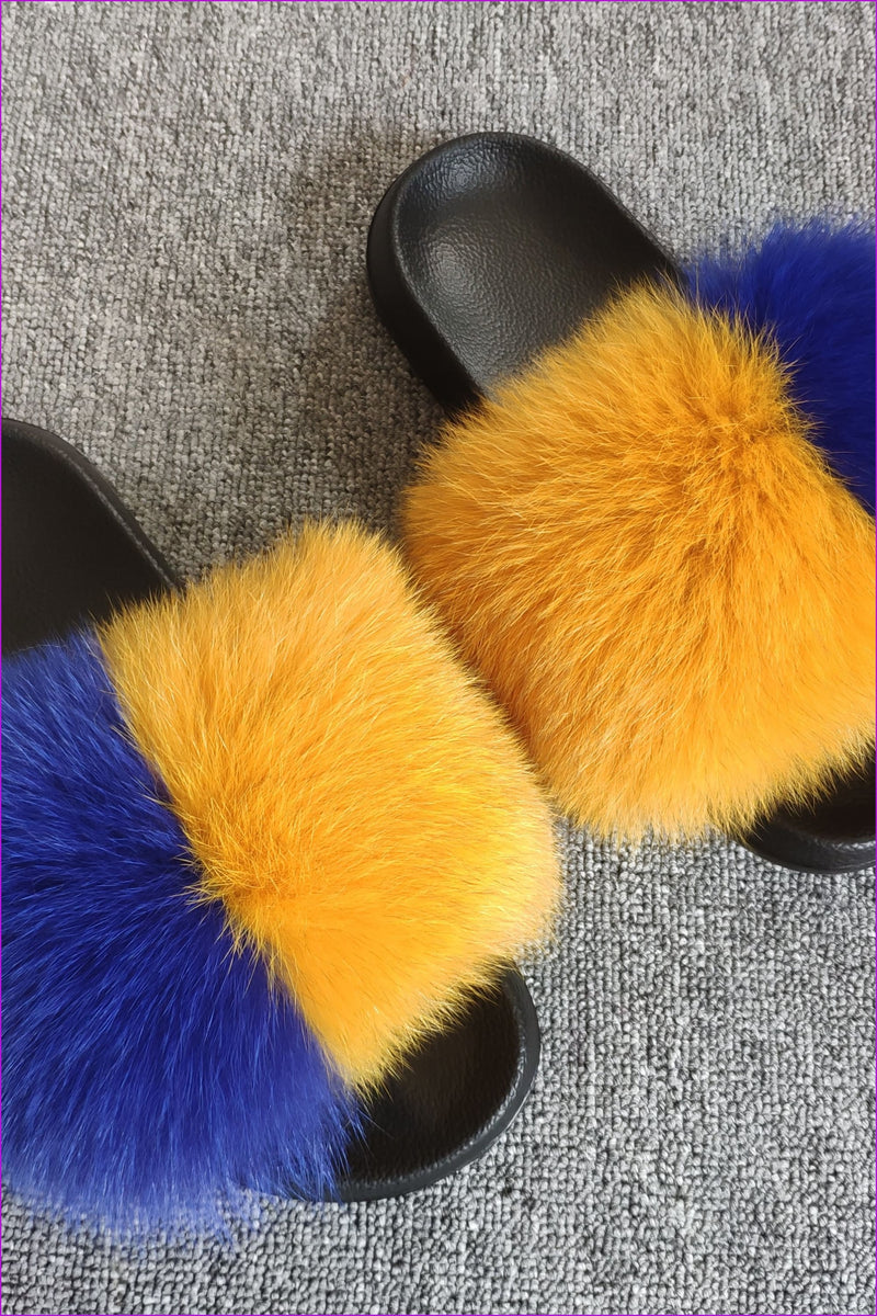 Super Fluffy Dark Yellow and Royal Blue #2 Fox Full-pelt Fur Sliders Df035