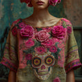 Day Of The Dead Pink Roses Sugar Skull Embroidered Linen Shirt elevenforest