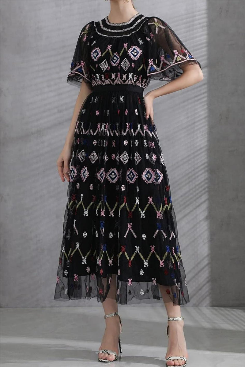 Mesh Embroidered Smocking Midi Dress