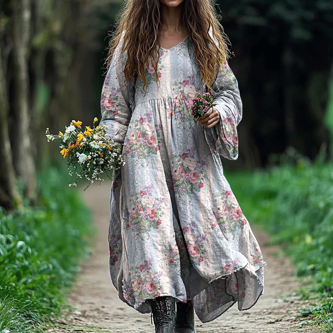 Vintage Floral Print Loose Midi Dress elevenforest